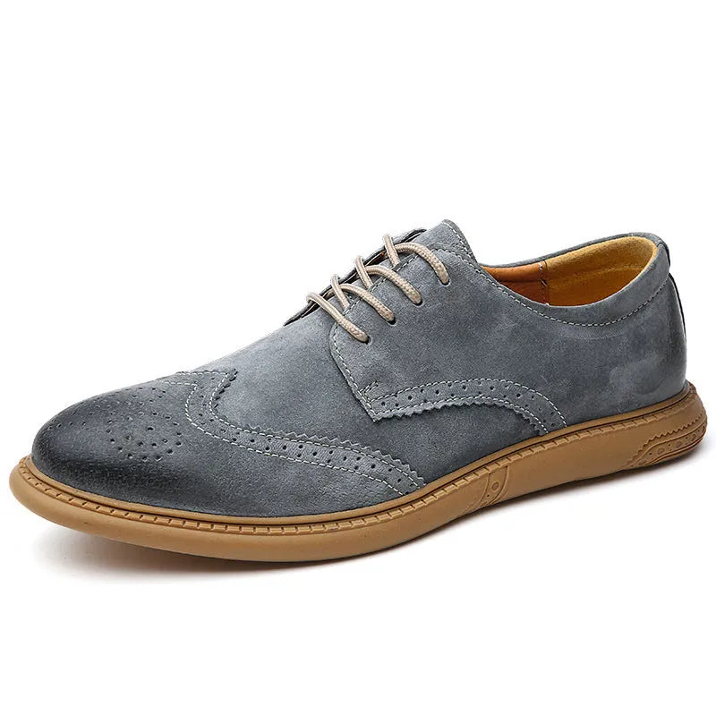 Men's black genuine cowhide leather business lace-up shoes with leather stitching and a rubber sole.