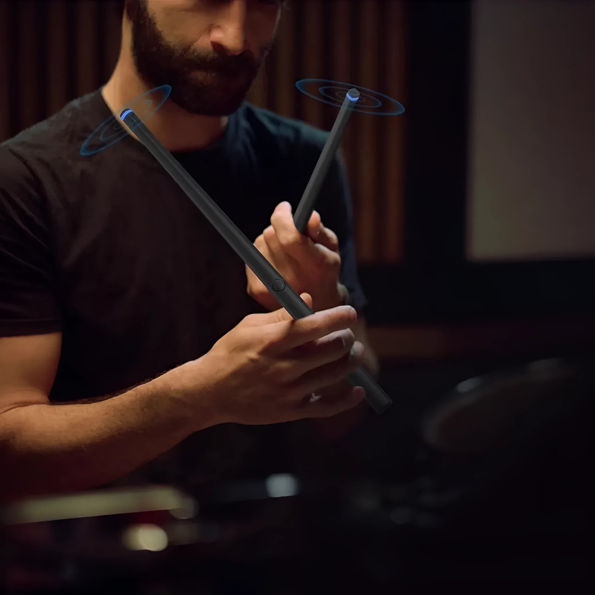Black somatosensory air drum kit virtual AR toy with wireless drumsticks and stomp pedal controller.