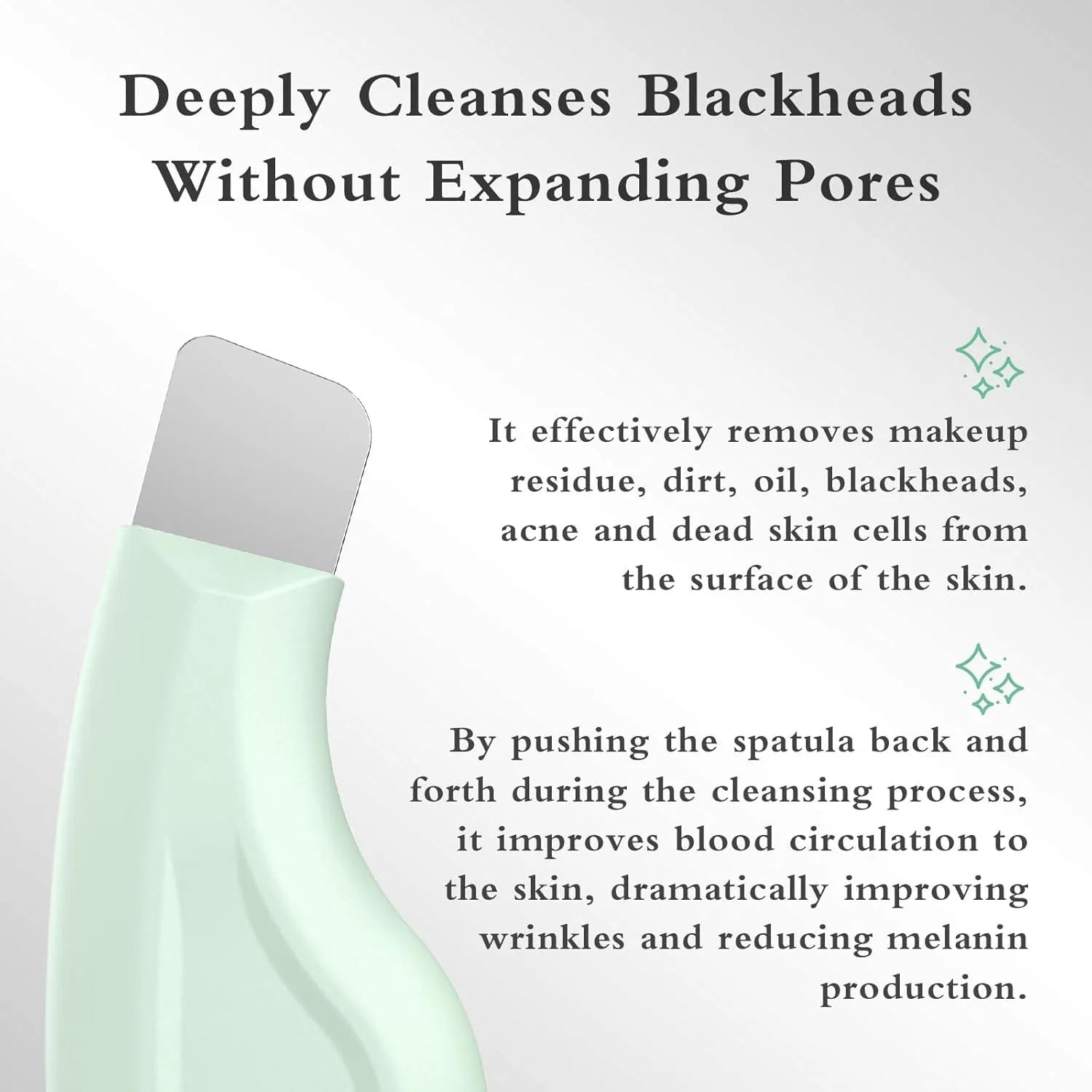 Green stainless steel facial blackhead scraper tool with a silicone non-slip handle.