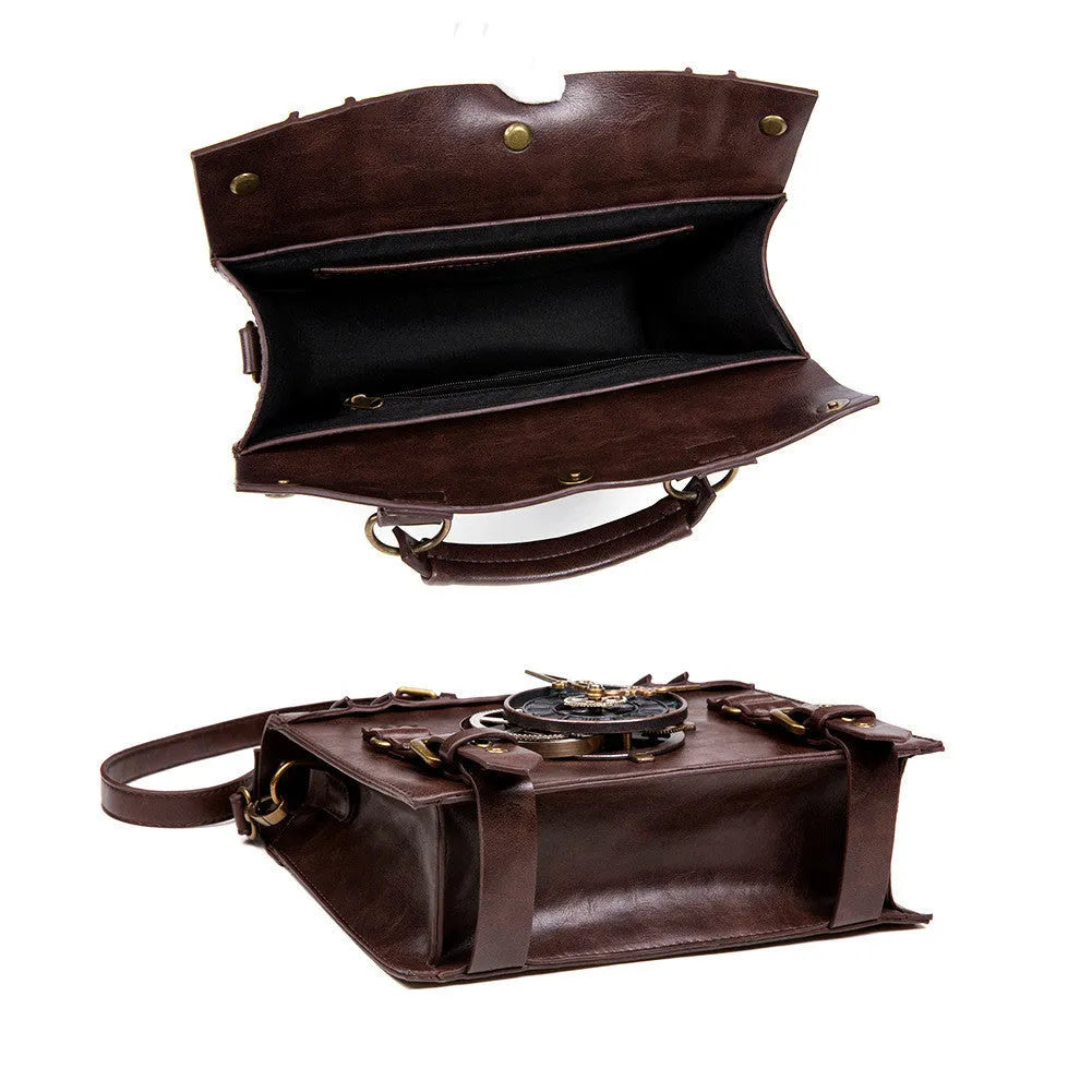 Bronze steampunk industrial retro shoulder bag with metal hardware and square pillow shape.
