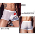 Men's black striped boxer briefs made from high elastic nylon fabric.