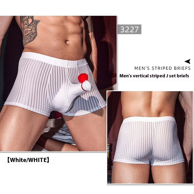 Men's black striped boxer briefs made from high elastic nylon fabric.