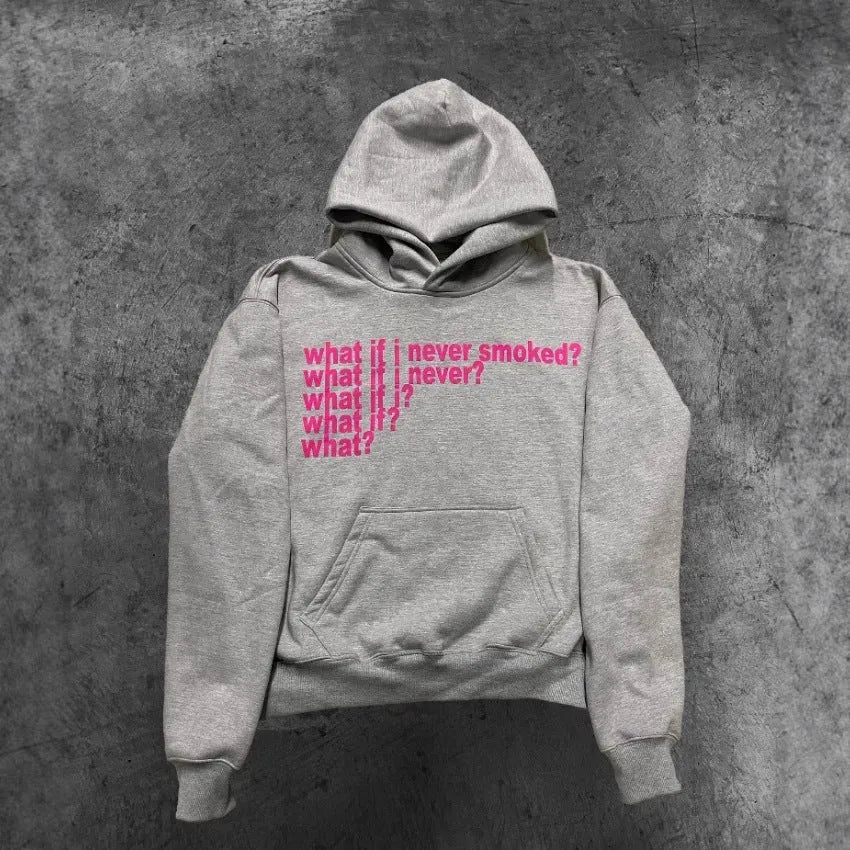 Black hooded sweater with white letter print pattern showing front view with hood up