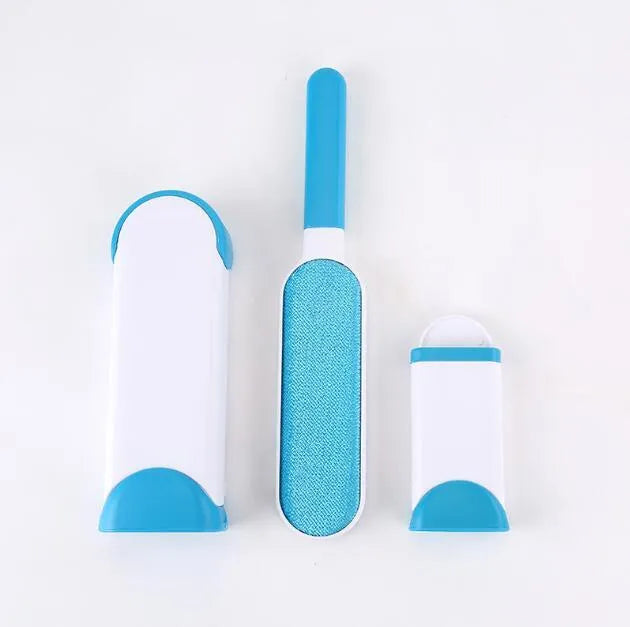 Blue pet hair removal comb with self-cleaning base for sofa upholstery