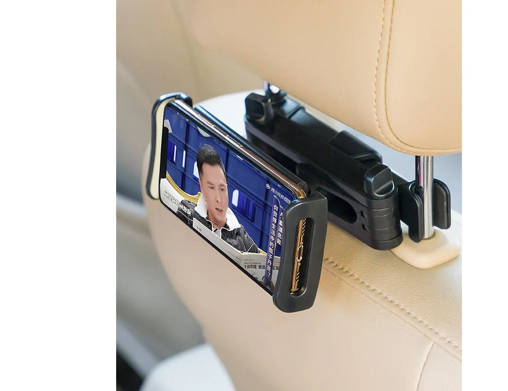 Black universal car phone holder mounted on rear seat base holding a tablet