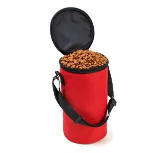 Waterproof dog food bag with built-in travel bowl in black for outdoor camping use