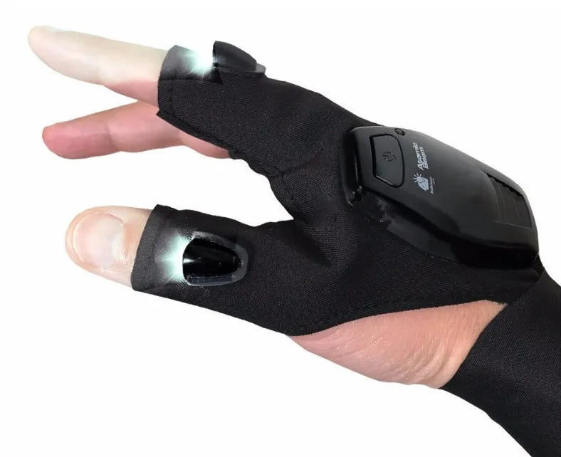 Half finger knit coated fishing repair gloves with built-in light for night outdoor use