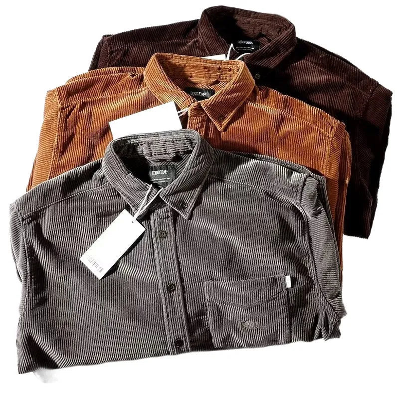 Men's loose fit corduroy cardigan shirt in caramel colour showing textured fabric and long sleeves