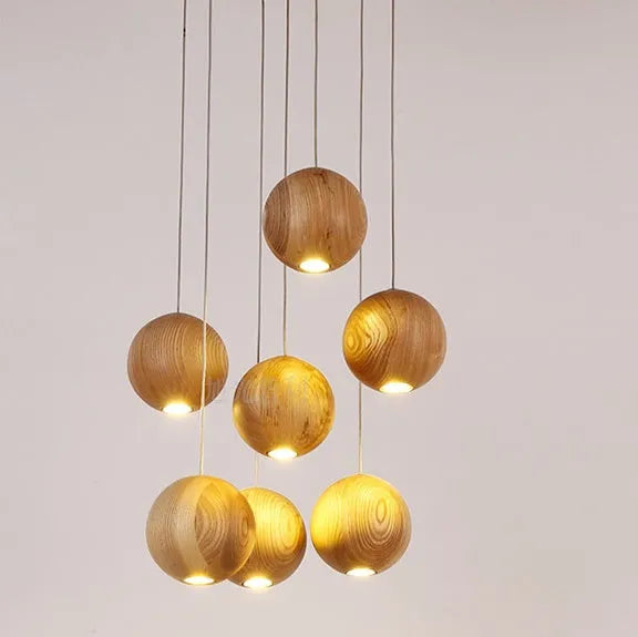 Nordic solid wood ball chandelier with adjustable height hanging cord