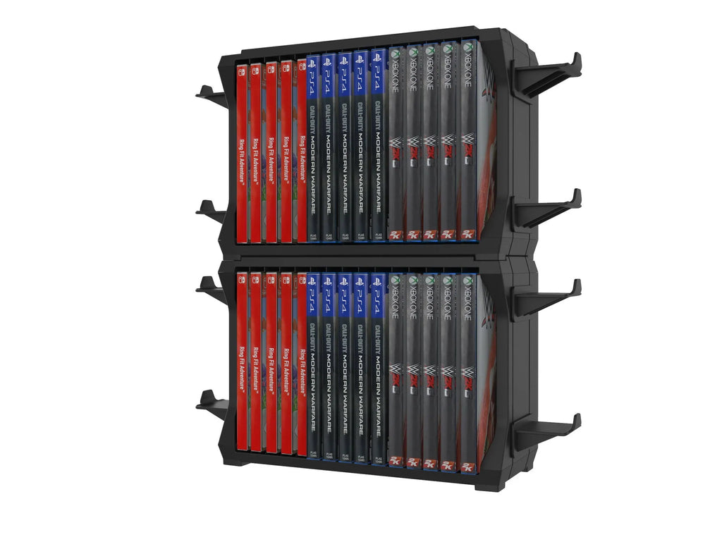 Black plastic PS5 and Xbox Series X game disc holder with space for four controllers.