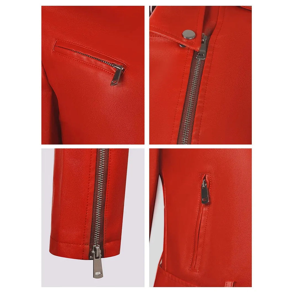 Women's black PU leather motorcycle jacket with lapel collar and short waist belt.
