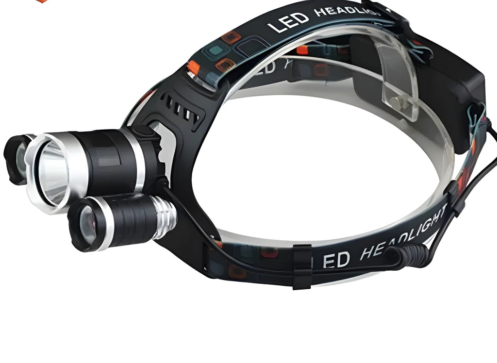 Rechargeable aluminium LED headlamp with adjustable elastic headband, showing 360-degree rotation and Hawkeye lens.