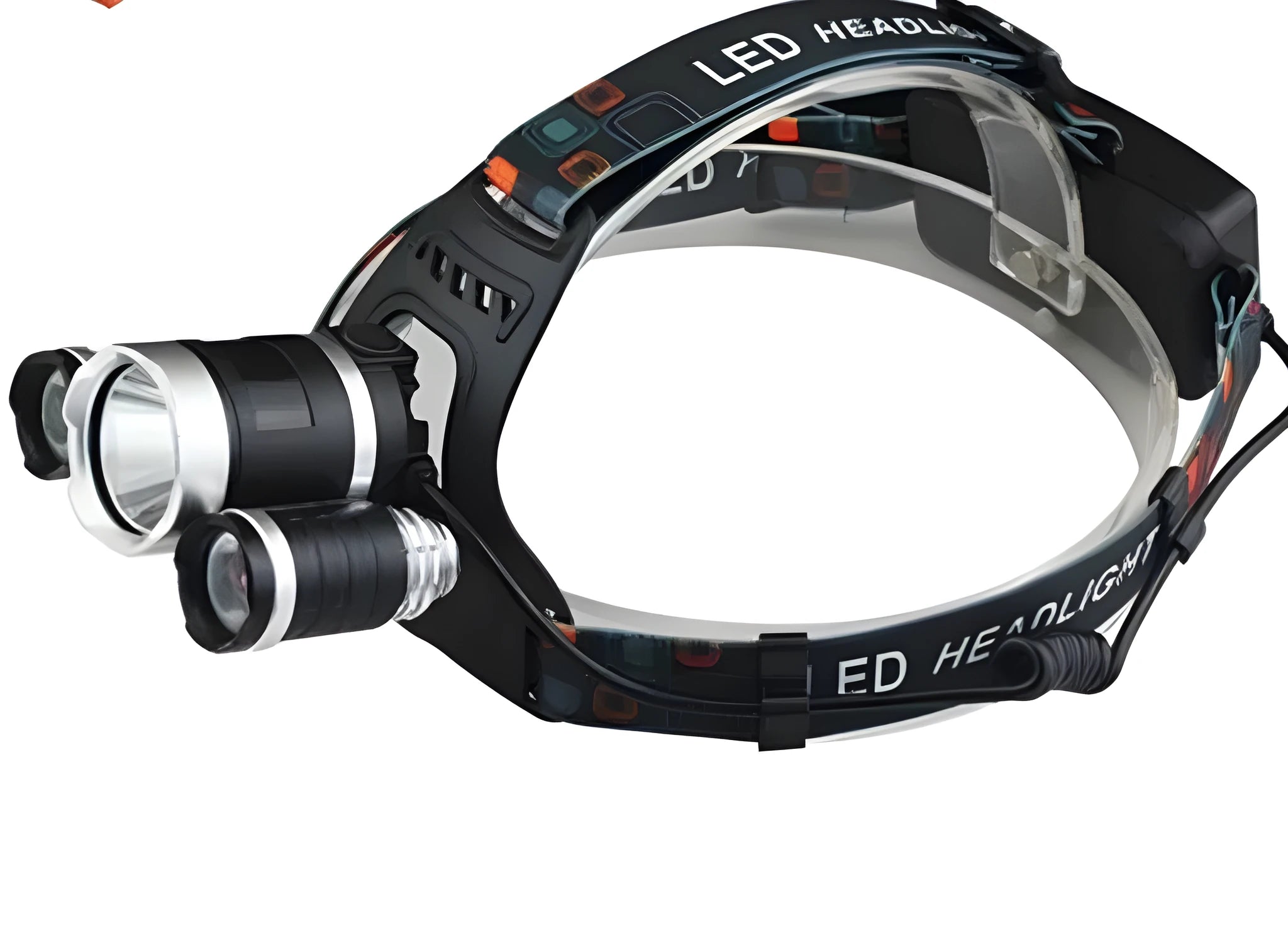 Rechargeable aluminium LED headlamp with adjustable elastic headband, showing 360-degree rotation and Hawkeye lens.