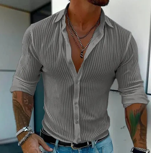 Men's striped British style cardigan shirt with 3D pattern and long sleeves