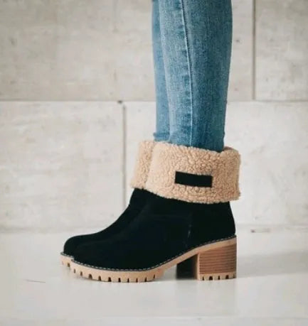 Women's mid-calf suede snow boots in grey with a thick heel and waterproof platform sole.