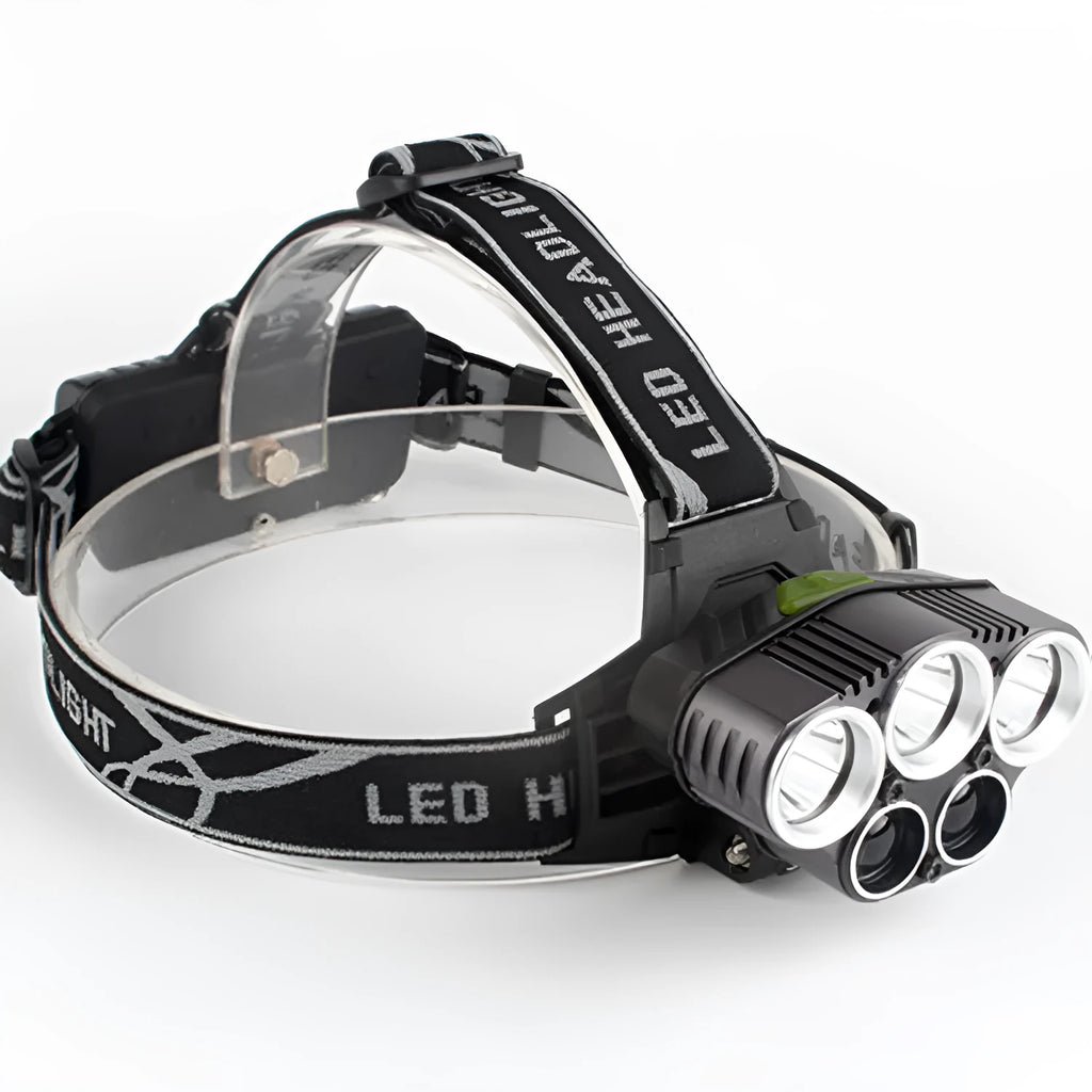 Outdoor waterproof head torch with long-range LED beam on adjustable head strap.