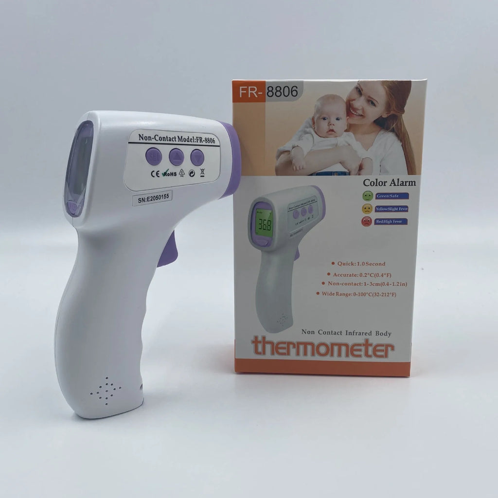 White digital non-contact thermometer with wall mount hardware.