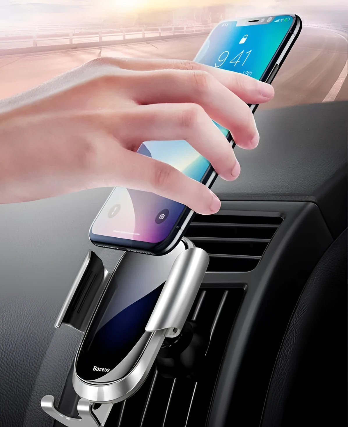 Smart car bracket with flexible gooseneck arm and adjustable device head in black, blue, and silvery colours