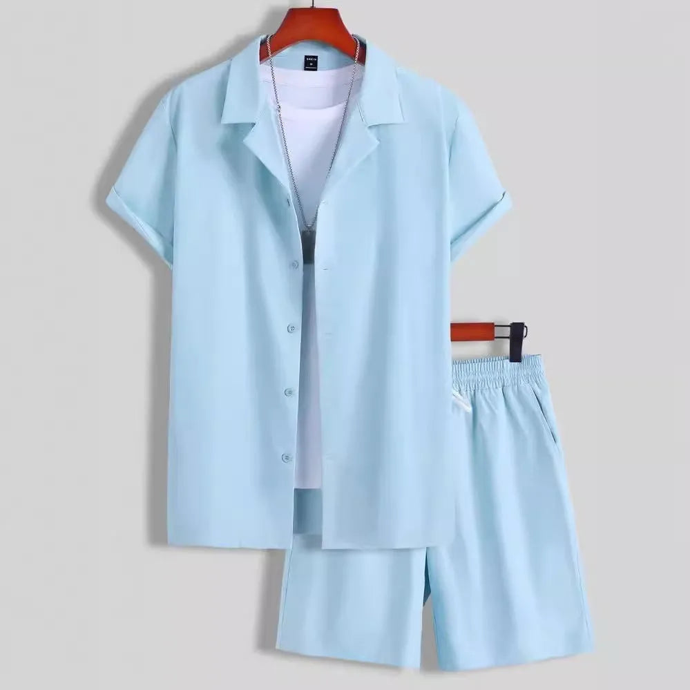 Men's white short sleeve Cuban collar sport shirt and matching shorts set on a hanger