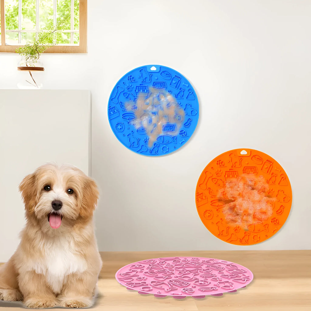 Round silicone pet lick mat in mint colour with suction cup on the underside