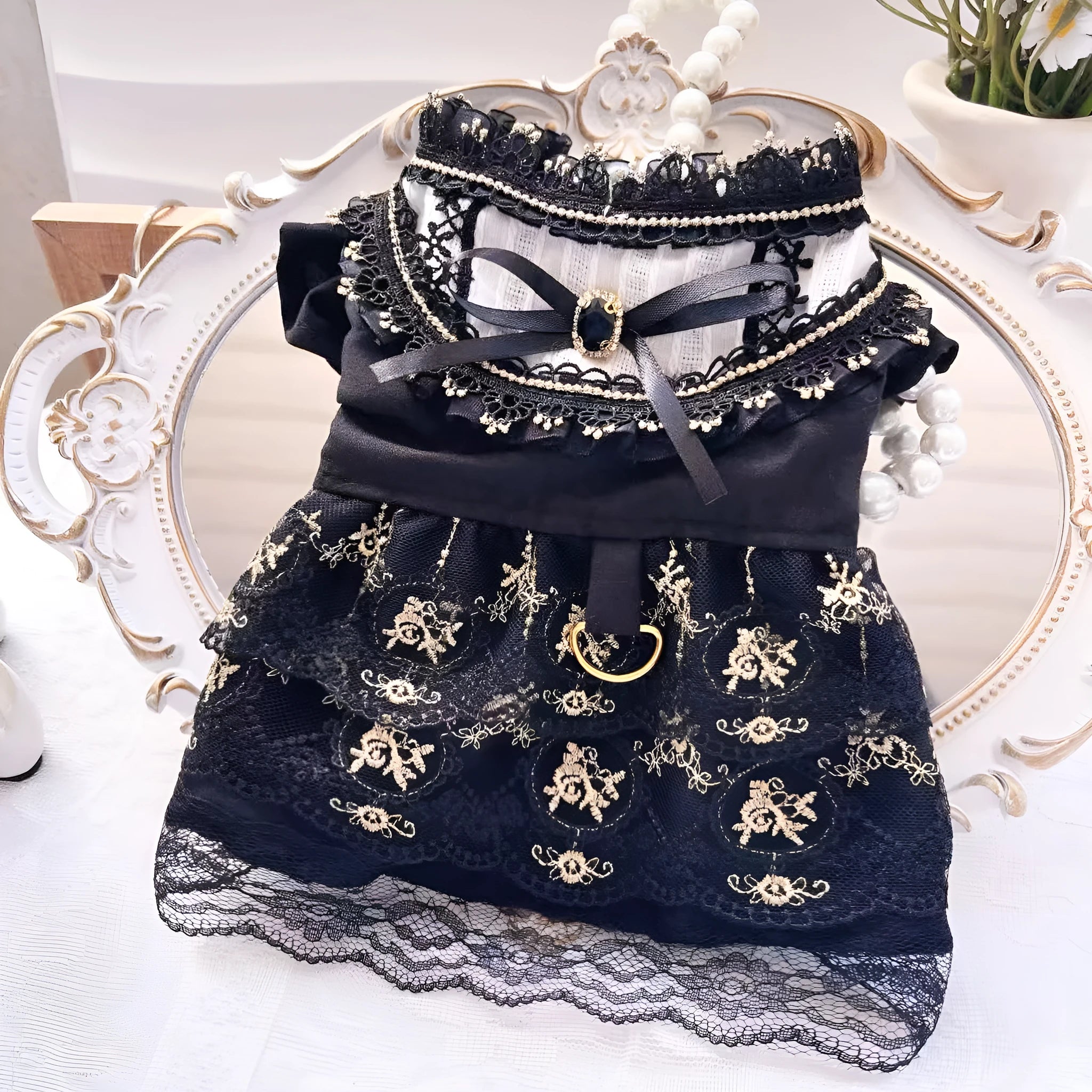 Golden gothic-style princess skirt costume for a small dog or cat.
