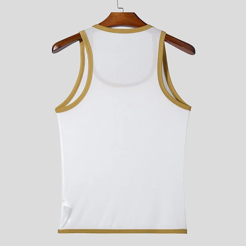 Men's solid colour polyester mesh fitness vest in white, showing straight hem design.