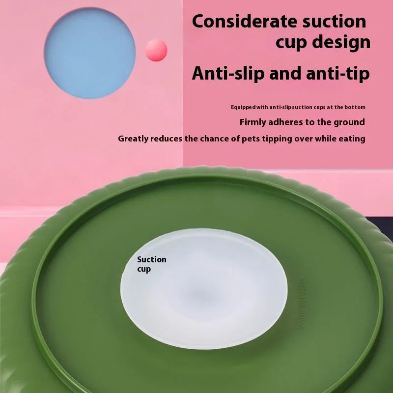 Pet food basin with rotating game board and silicone pad in multiple colour options