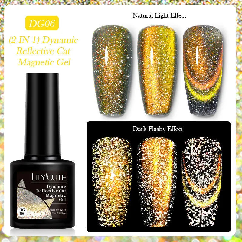 Cat eye nail polish gel bottles in six colours with diamond glitter fragments showing flickering finish