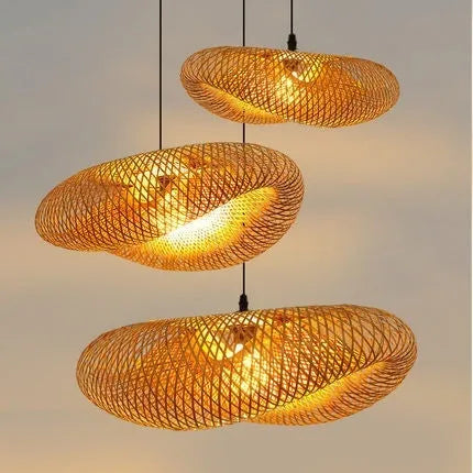 Bamboo straw hat-shaped hanging pendant lamp in natural material showing diameter size options
