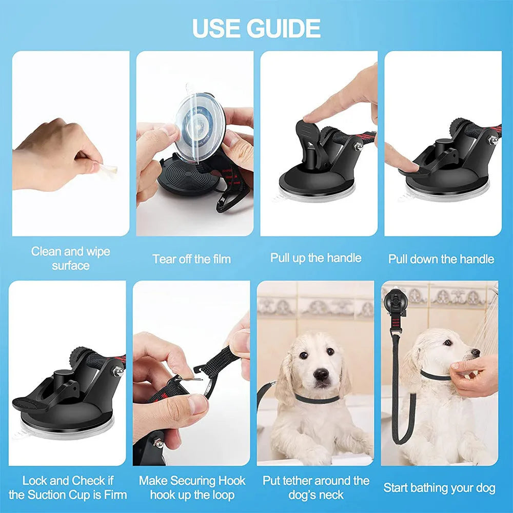 Pet bathing restraint handcuffs with suction cups and anti-grab traction rope in black or blue colour