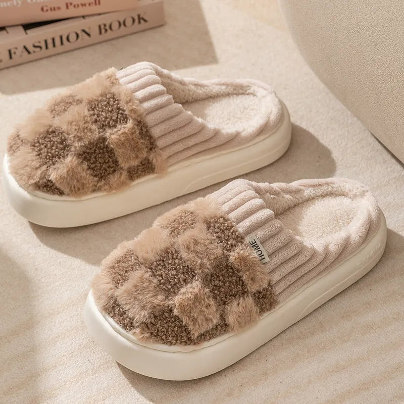 Women's plaid plush slippers in grey with a thick coral velvet upper and textured PVC sole.