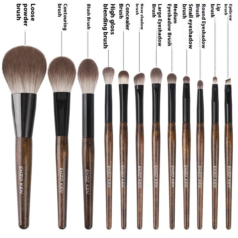 12-piece wooden handle makeup brush set with artificial fibre bristles in a portable PU storage bag