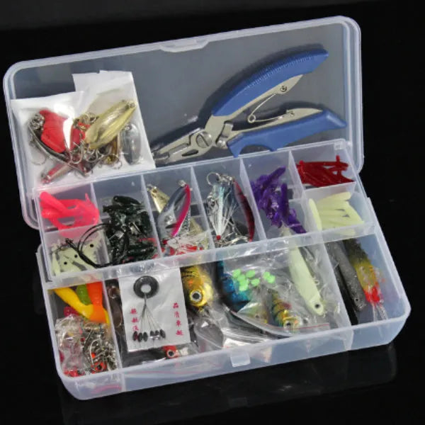132-piece fishing lure suit with plastic baits and high carbon steel hooks in rose red colour