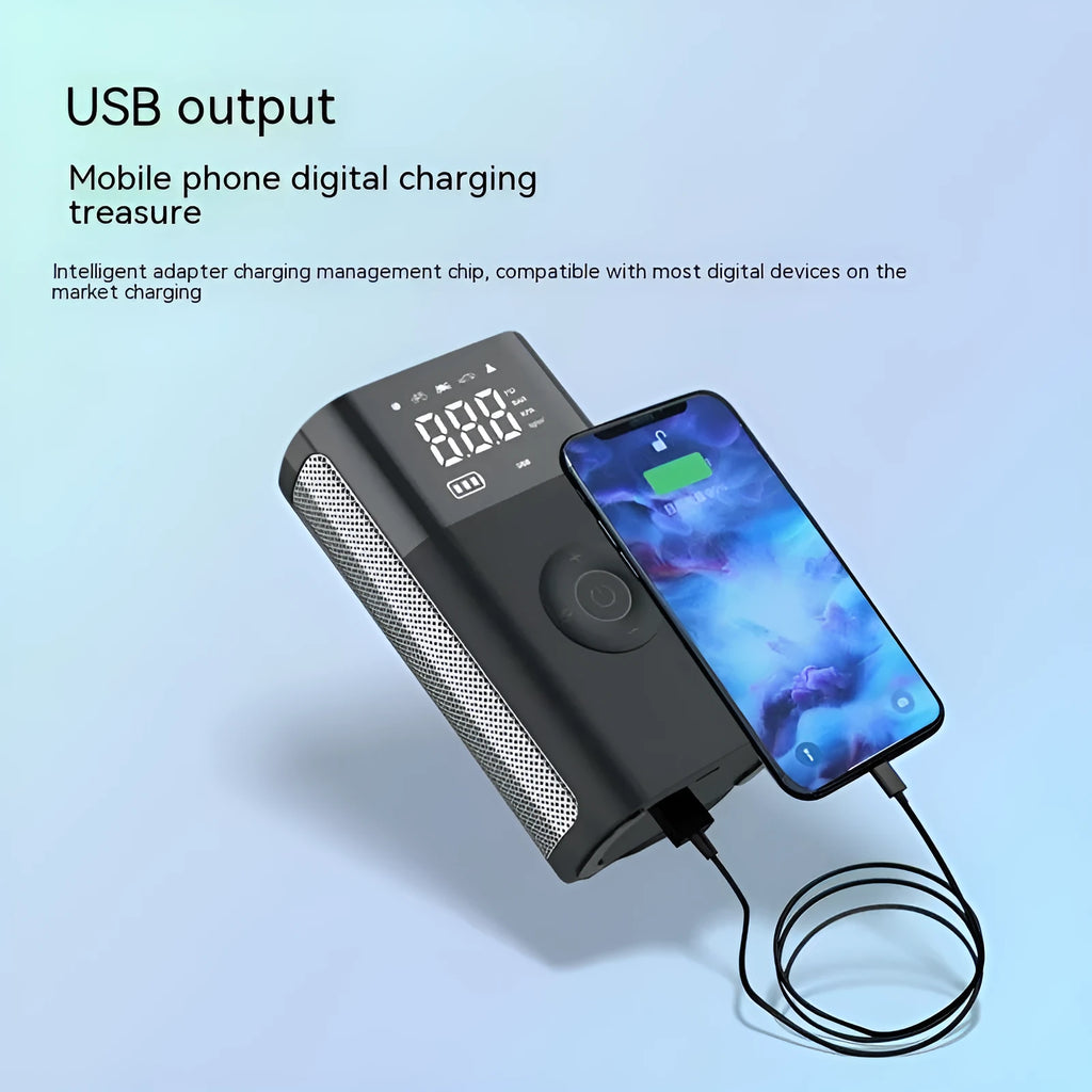 T2191-2 handheld wireless digital display air pump with LED light and multiple nozzle attachments on a table.