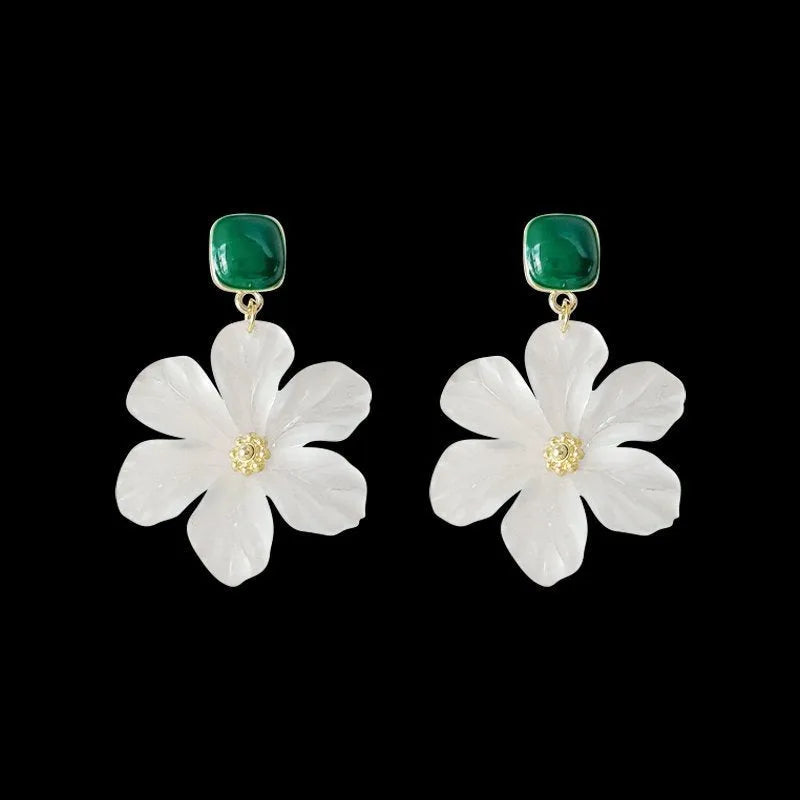 Pair of dark green alloy earrings with sterling silver needle flowers sweet design for women
