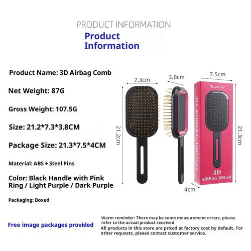 3D air cushion comb with steel needles in black handle pink ring, boxed packaging, over 20cm length