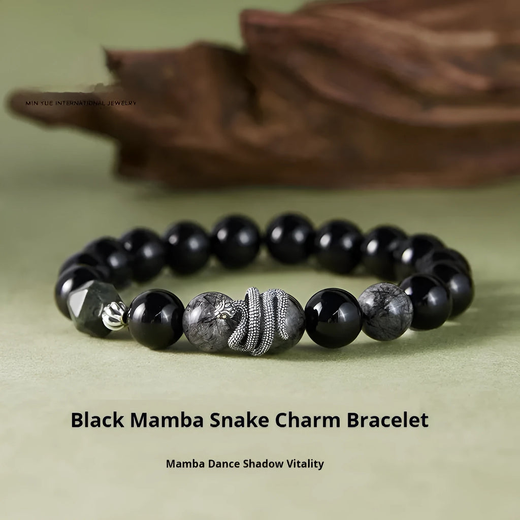 Men's black obsidian and sterling silver snake bracelet with retro Zodiac design