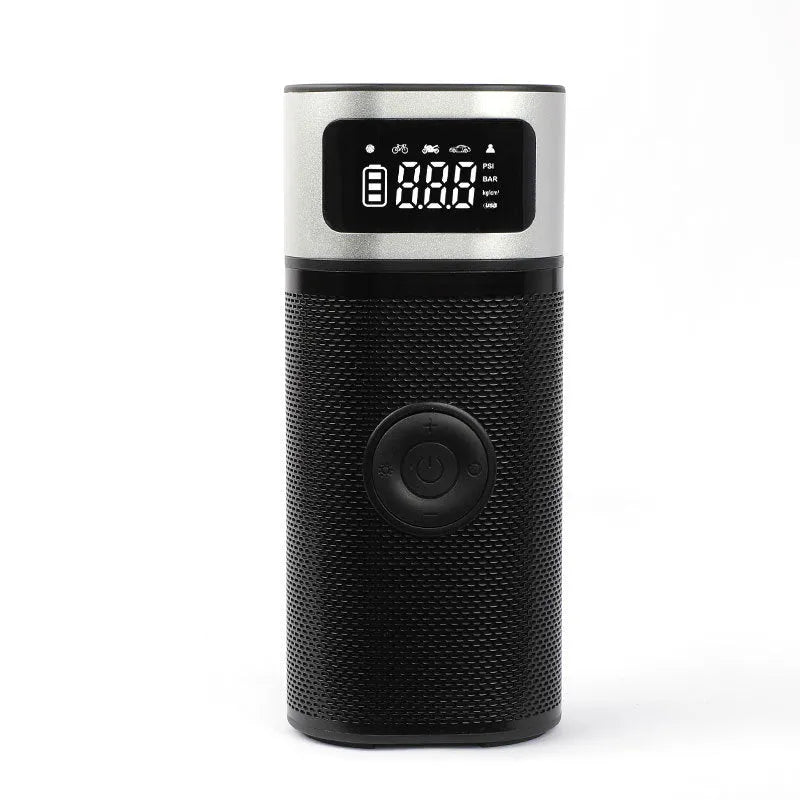 Black portable wireless car air pump with USB charging cable, 15cm tube and multiple nozzles for bicycles, balls and swimming rings