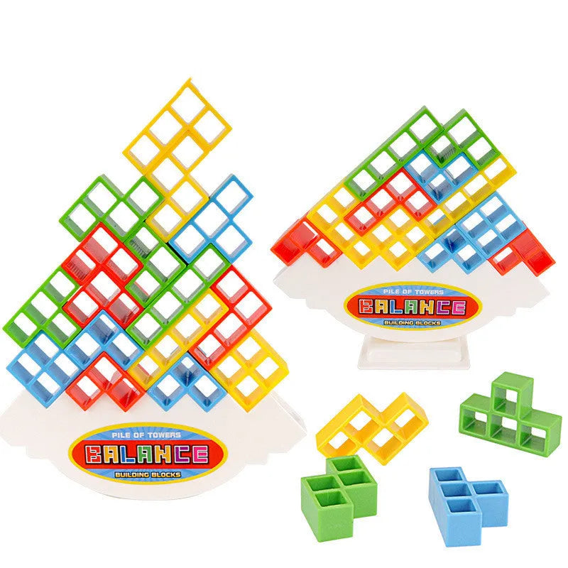 Plastic balance stacking game with 16 coloured building blocks on a chassis