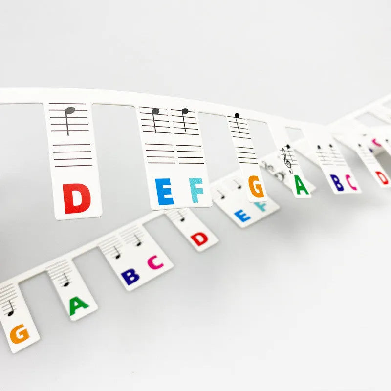Set of white cardboard piano keyboard stickers showing colour note bars and black note labels for 88 keys.