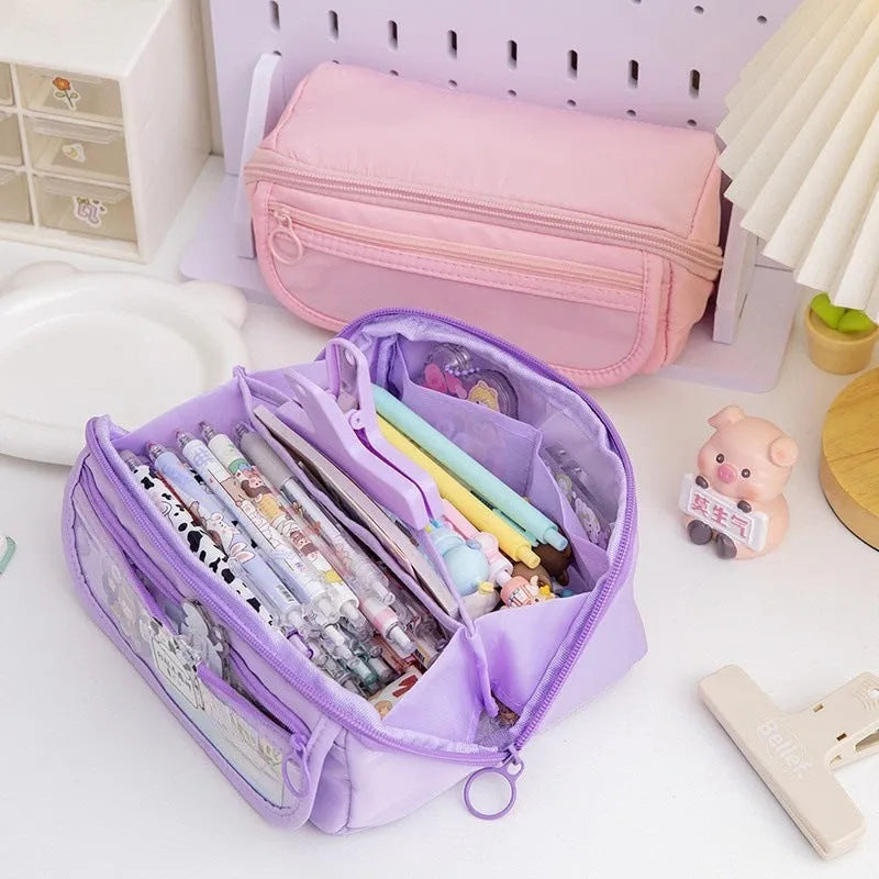Korean style canvas pencil case unfolded to show ten-layer flip design in milky white colour
