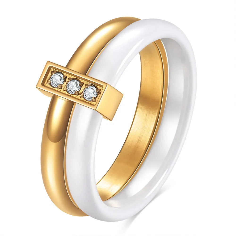 Women's ceramic ring with geometric round shape, 6mm width, inlaid zirconium and glossy stitching