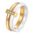 Women's ceramic ring with geometric round shape, 6mm width, inlaid zirconium and glossy stitching