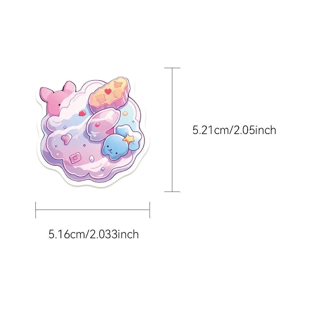 Pack of 50 colourful candy-themed waterproof decorative stickers on sheets.