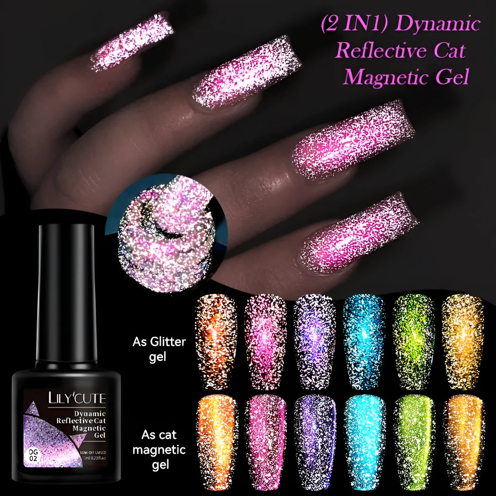 Cat eye nail polish gel bottles in six colours with diamond glitter fragments showing flickering finish