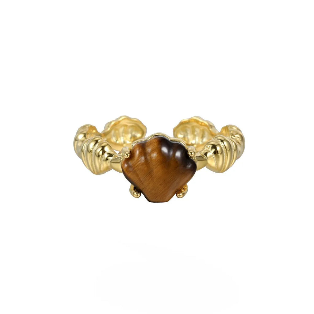 Women's adjustable silver ring with natural shell and tiger eye stone in cold-style design