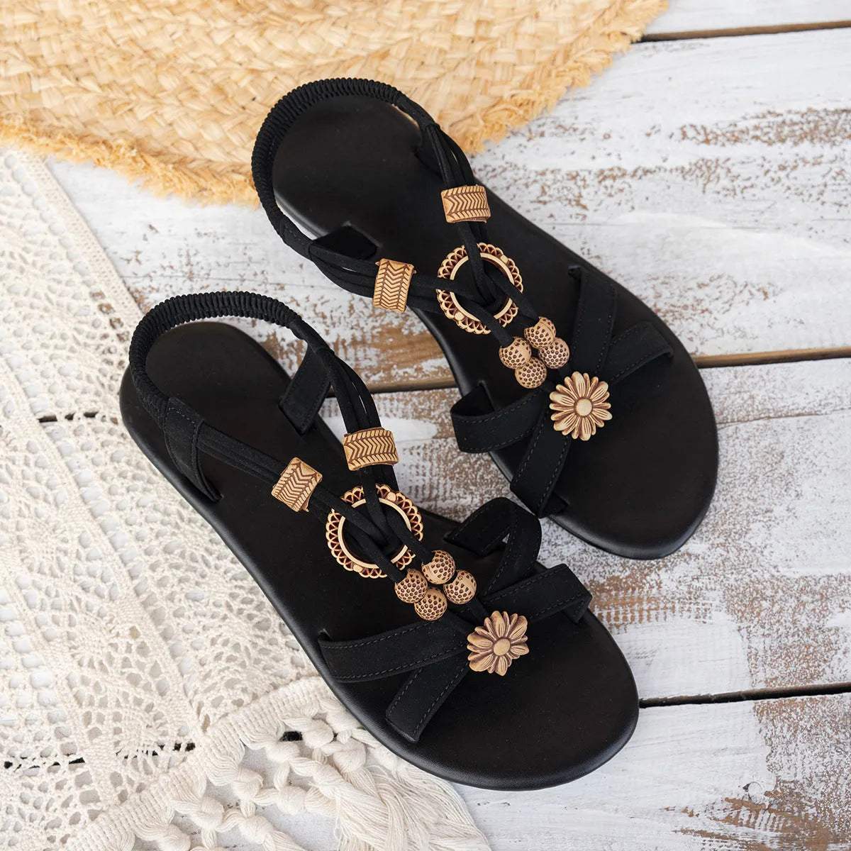 Black ethnic style women's flat beaded weave open toe sandals with elastic band and rhinestone decoration
