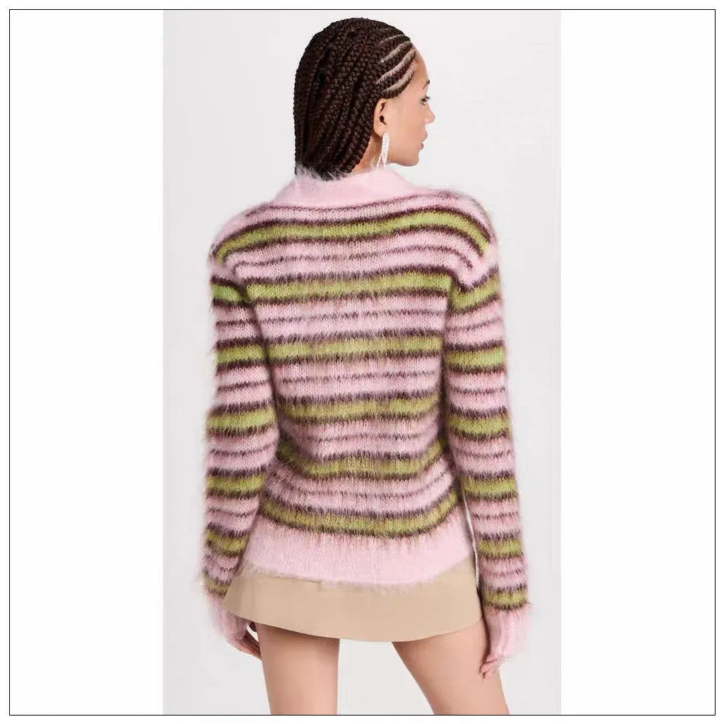Pink wool knitted cardigan sweater with contrast colour details and regular sleeves