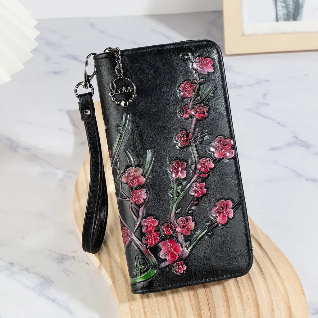 Embossed hand-painted Chinese style floral pattern handbag with zipper closure in black, brown or coffee colour