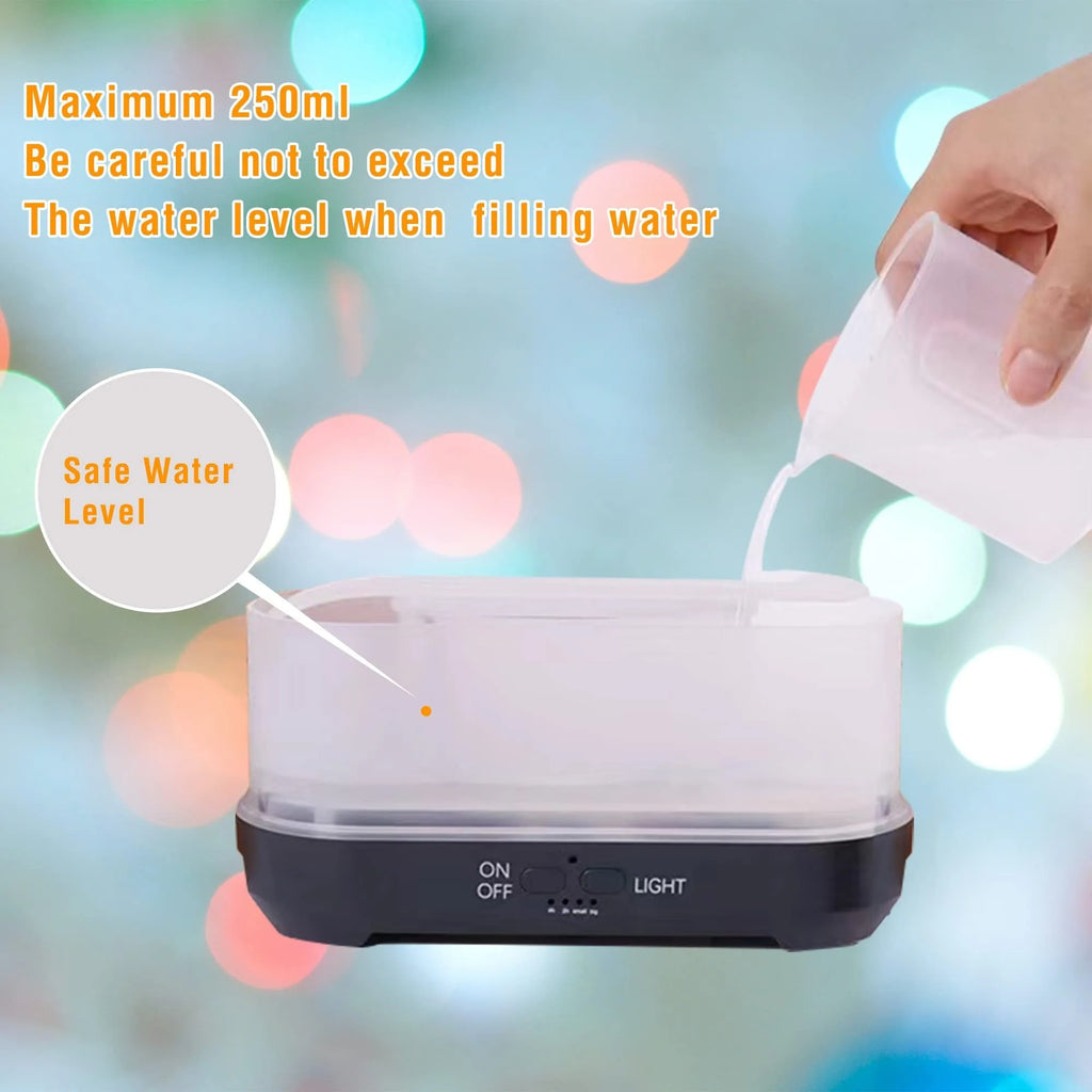 Square plastic humidifier with snowflake wood grain pattern emitting mist and 7-colour flame light effect